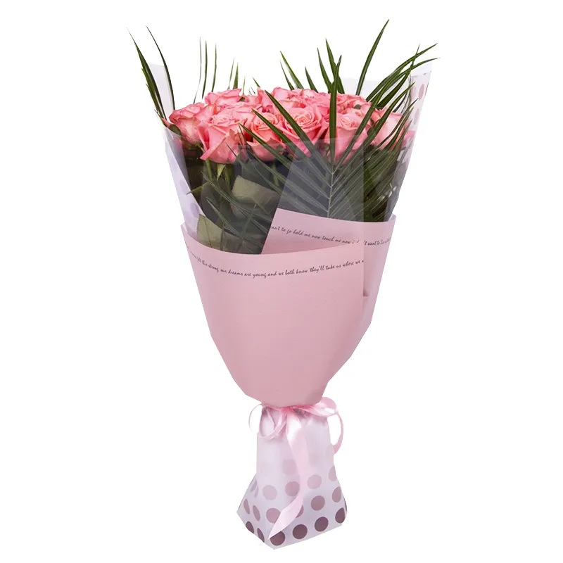 Букет из 21 малиновой розы с пальмой (60 см)